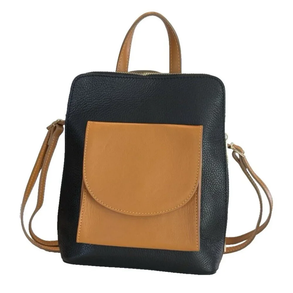 DIVINA FIRENZE Italian Made Leather Black Cognac Convertible Backpack Bag Pocket